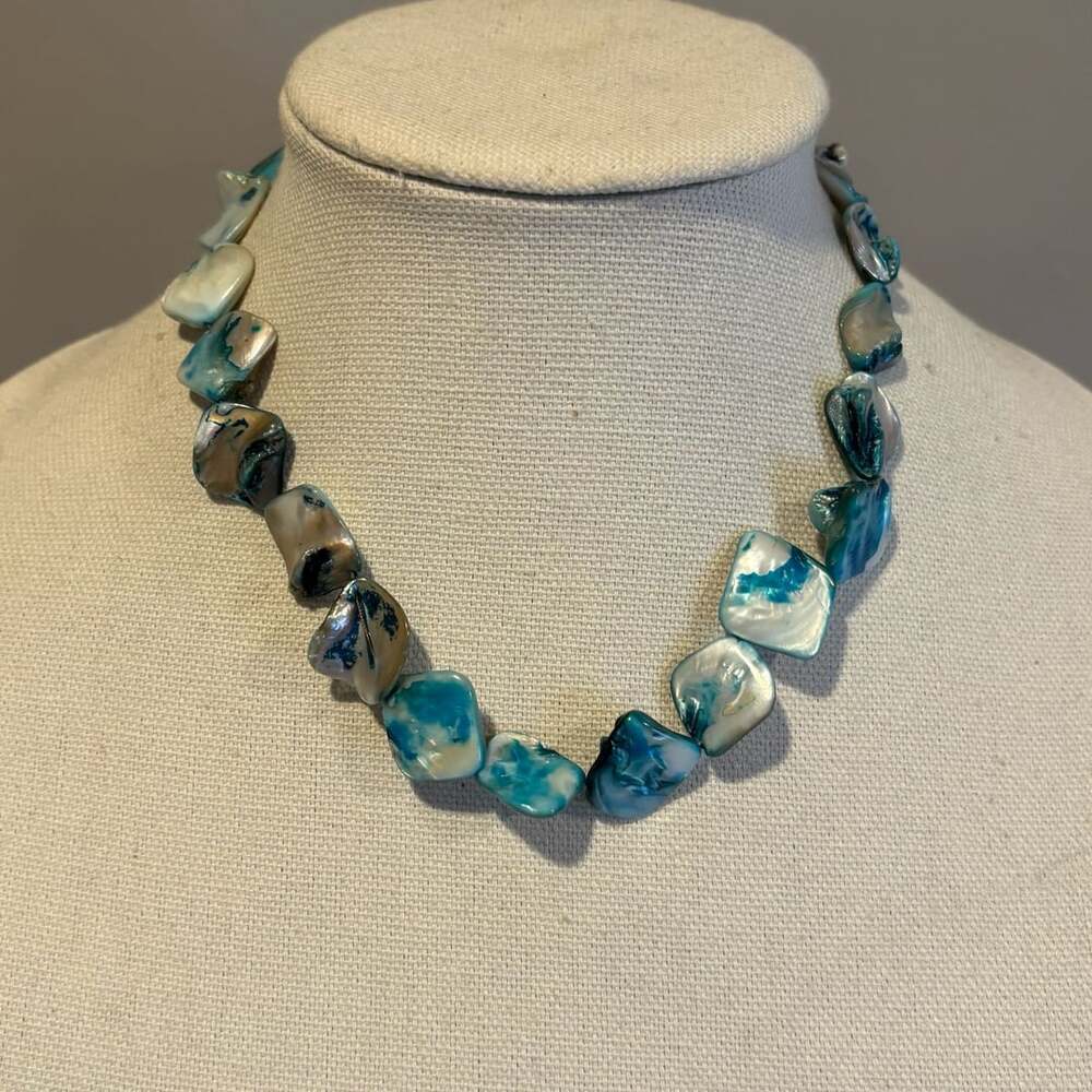 Blue white iridescent Mother Of Pearl Shell Nugget Beaded Necklace